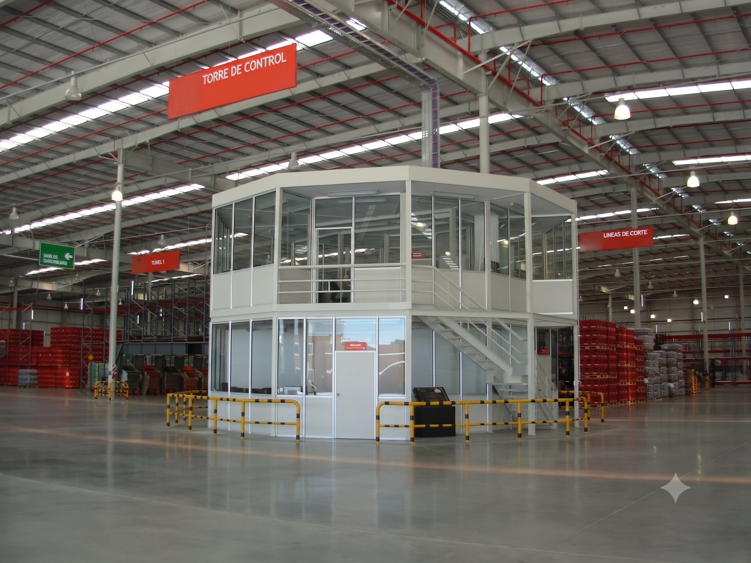 Módulo operativo y torre de control en nave industrial